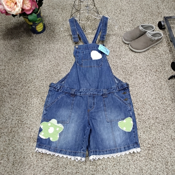Announcements Pants - 3917 Size Large Up Cycled Denim Overall Shorts with Green Appliqué
